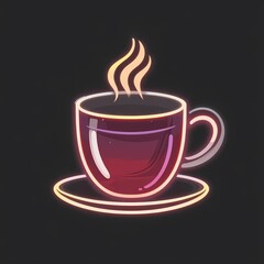 Obraz premium Illustration of steaming coffee cup with saucer glowing with neon colors, modern vibrant artwork of hot beverage in digital style, colorful food and drink concept