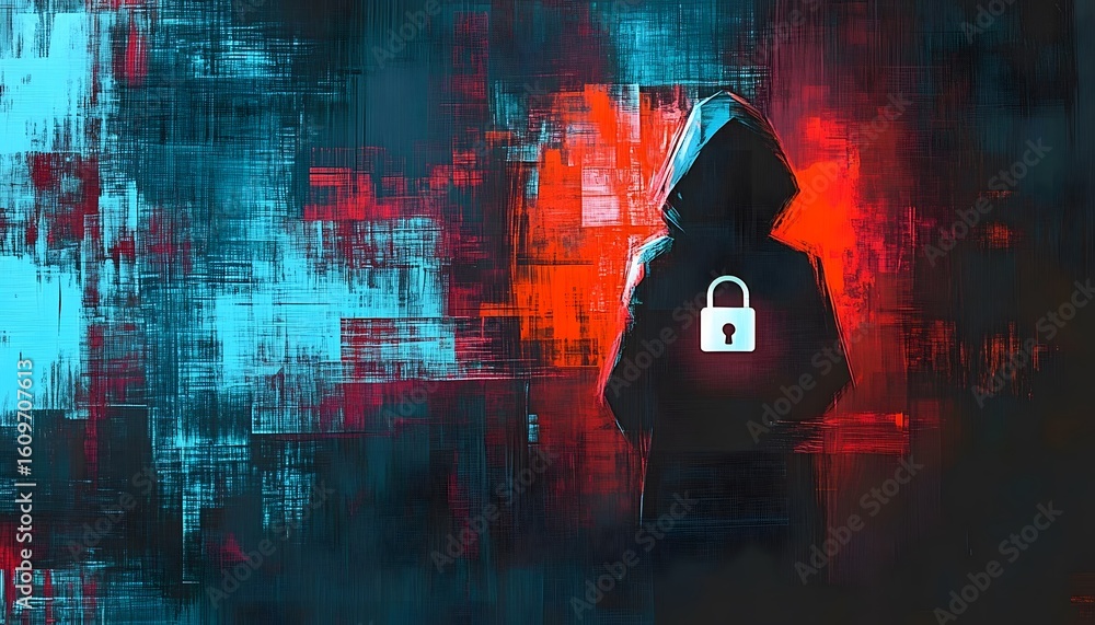 Aufkleber a digital concept illustrating cybersecurity, featuring a hooded figure in front of an abstract back