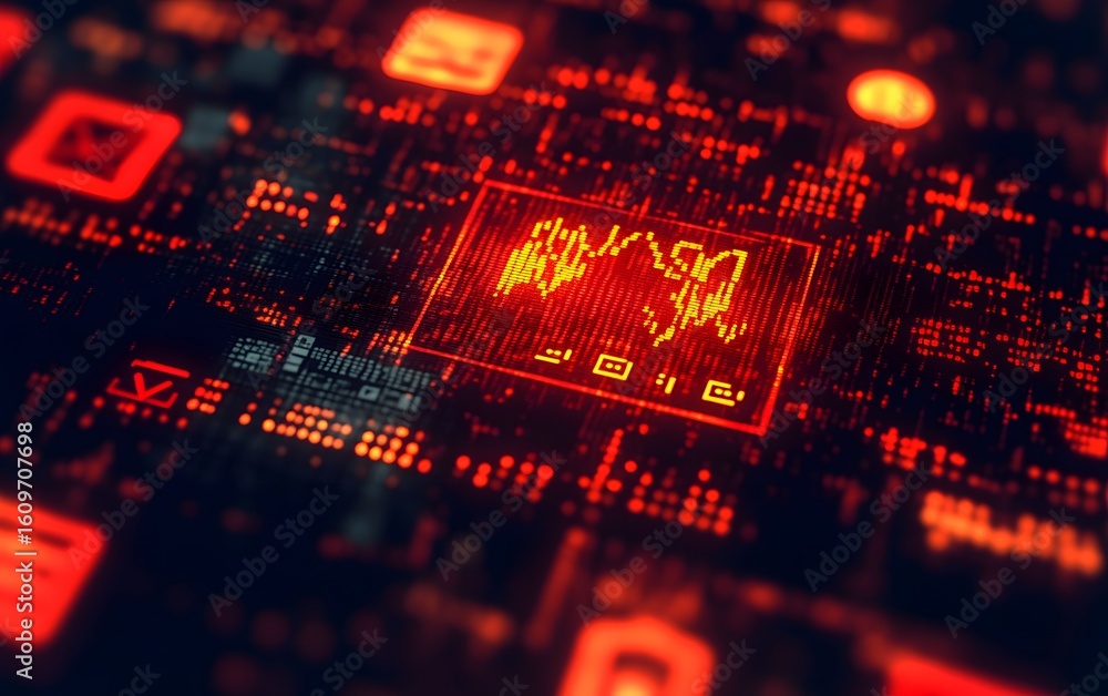 Poster a dynamic, glowing digital interface showcasing intricate data patterns and symbols, illustrating th