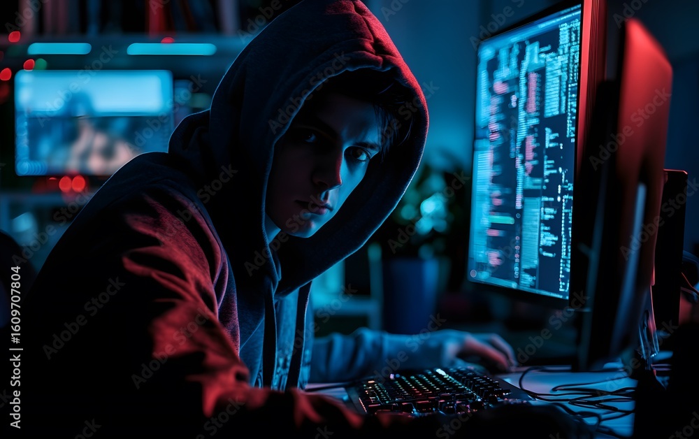 Poster a focused individual in a hoodie works intently at their computer, surrounded by colorful screens di