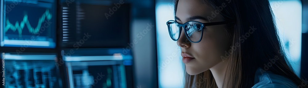 Poster a focused individual analyzes data on multiple screens in a darkened room, showcasing the modern wor