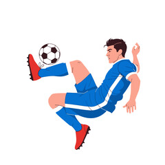 A soccer player in mid-air, juggling a ball with a dynamic, acrobatic kick.