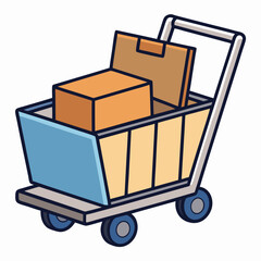 3D Shopping cart and cardboard box. Fast delivery concept from online store. Shipping logistics package delivery. Cargo box. Cartoon creative design icon isolated on white background.