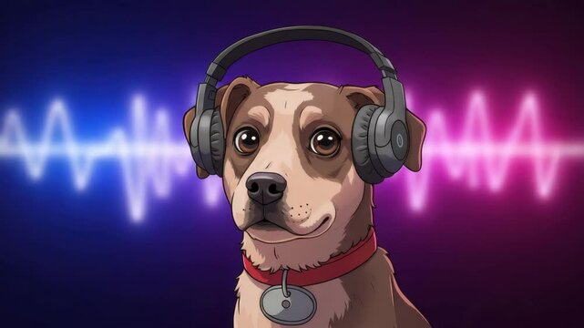A dog enjoys music with headphones in a vibrant atmosphere featuring sound waves