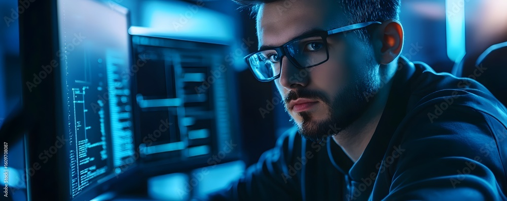 Poster a focused young professional works intently at his computer, surrounded by screens displaying coding