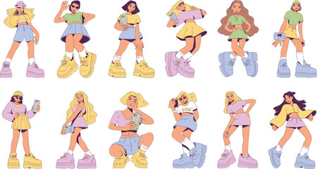 "Y2K Fashion Girls Vector Pack – Pastel Aesthetic, Crop Tops, Mini Skirts & Flip Phones"