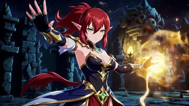 Red haired elf girl casting a spell near a ruined building in an outdoors environment