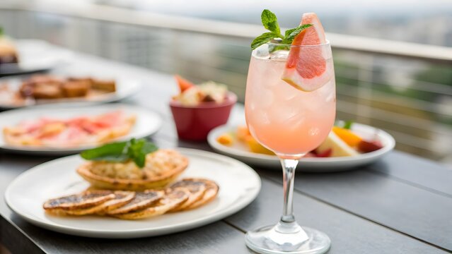 Cocktail Hour: A refreshing cocktail with a grapefruit slice adorns a table, complemented by a gourmet brunch, set against a city backdrop.
