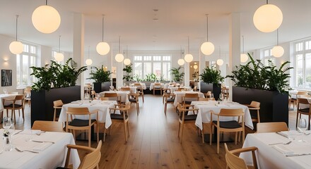 Elegant interior of a modern fine dining restaurant with set tables, wooden chairs, and bright contemporary lighting.