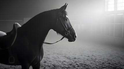 A majestic black horse captured in a misty atmosphere. The serene setting highlights its elegance and strength, embodying the spirit of equestrian beauty and grace.