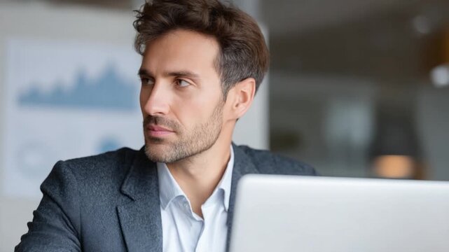 Focused Professional Contemplation: A sharp-looking businessman, immersed in thought at his desk, embodies the essence of strategic contemplation, in an office setting.