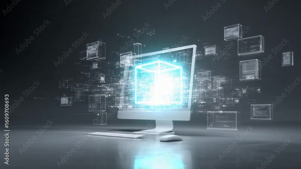 Poster digital realm: a high-tech digital art piece. cubes emanate light from computer screens in a dark ro