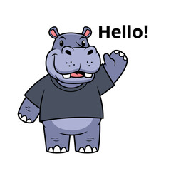 Obraz premium Cartoon hippopotamus wearing a t-shirt and waving hello.