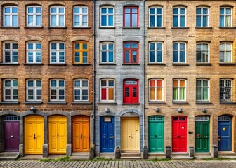 Colorful doors and windows adorn a classic building facade
