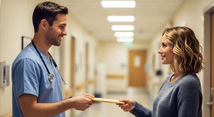 Medical professionals exchanging documents in a hospital corridor illuminated by soft light. A man in blue scrubs and a woman in a sequined top are the subjects. Soft focus backdrop.