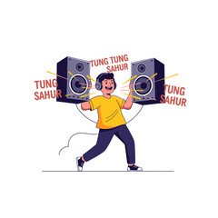 Energetic boy joyfully carries oversized speakers, announcing Sahur.