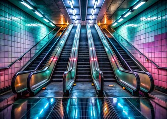 A vibrant subway station escalator with colorful neon lighting