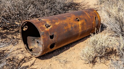 Rusty Metal Cylinder Abandoned in Desert Landscape with Scrub Brush