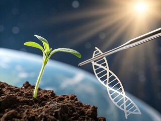Genetic Engineering Concept Seedling with DNA Helix and Tweezers on Earth Background