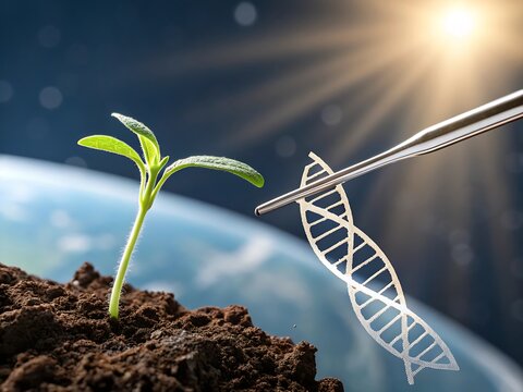 Genetic Engineering Concept Seedling with DNA Helix and Tweezers on Earth Background