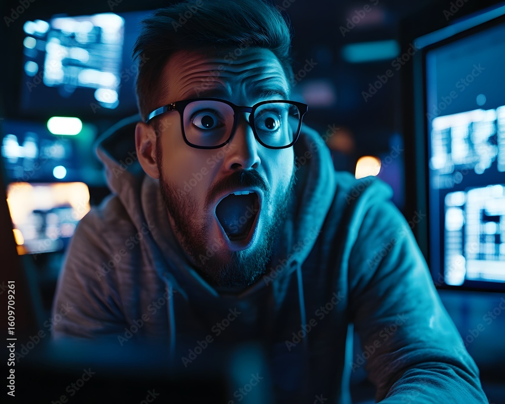 Poster a shocked young man with glasses reacts to exciting news while working at a computer, surrounded by 