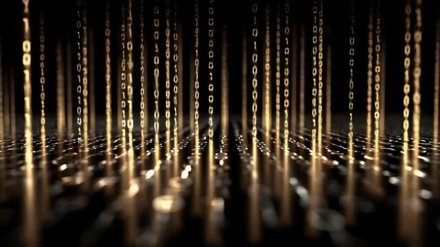 Digital data stream: A vibrant, abstract visual of a digital data stream, binary code cascading downwards like streams of light, illuminating a dark background.