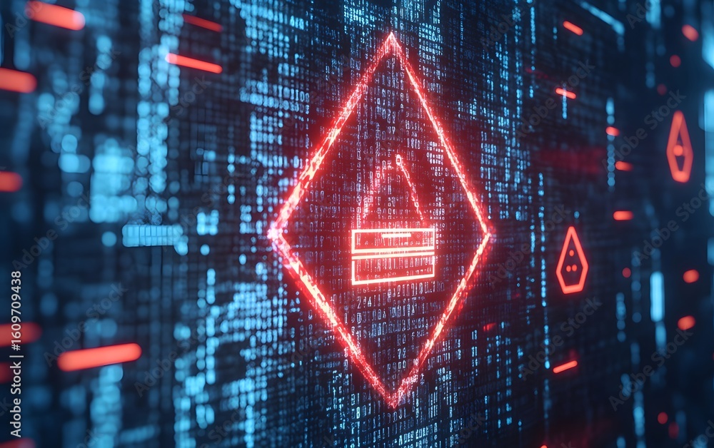 Poster a vibrant digital abstract featuring a glowing red icon with a futuristic design against a backdrop 