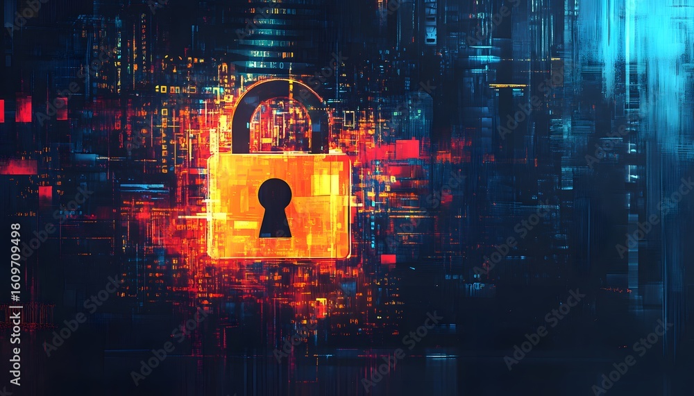 Poster a vibrant digital lock symbol represents cybersecurity in a high-tech environment. bright colors and