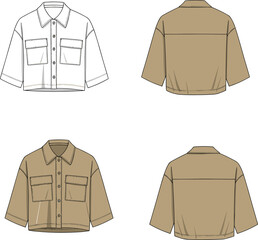Cropped shirt jacket front and back view, fashion flat sketch, long sleeve top with chest pockets, vector template for garment design