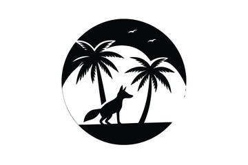 Sunset Silhouette with Palm Tree and Howling Fox in Circular Design