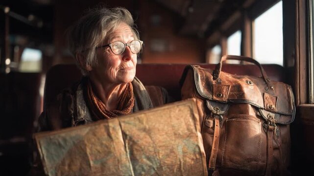 Journey of Solitude: An elderly woman gazes wistfully out of a train window, map in hand, accompanied by a well-worn suitcase. Evokes a sense of exploration and a serene solitary trip.