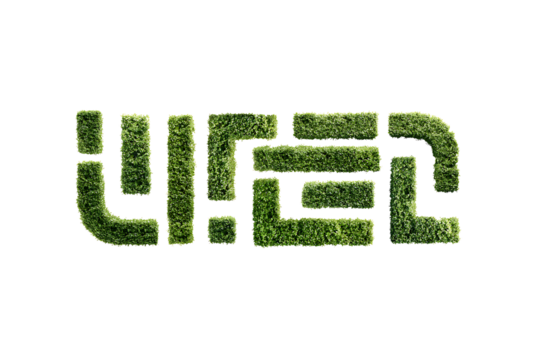 Green hedge letters forming a maze on a transparent background