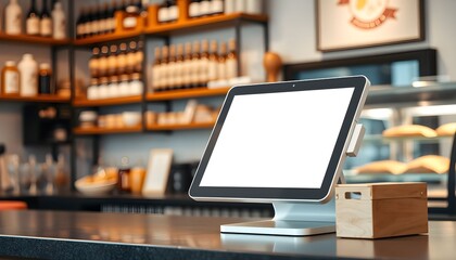 A modern cafe interior featuring a blank screen, ready for customer interaction.