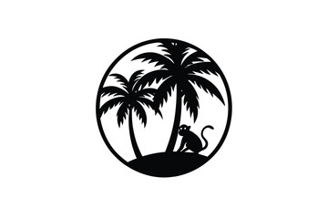 Tropical Sunset Illustration with Palm Tree Jungle Vines and Monkey Silhouette