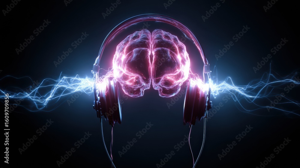 Poster exploring the fusion of technology and mind through glowing brainwave lines and earphones in an abst