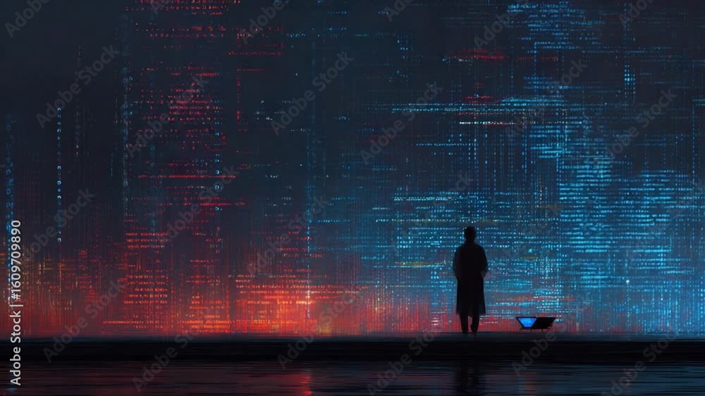 Poster lone figure in data stream: a solitary figure stands before a vast digital landscape composed of shi
