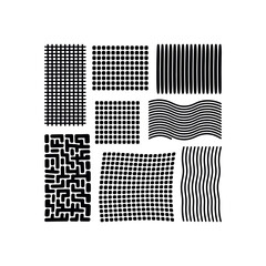 Black geometric patterns and textures on white background abstract