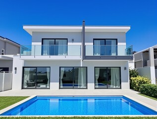 Modern villa with a blue swimming pool under a clear sky.