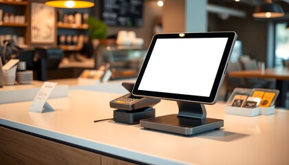 Modern point-of-sale system with blank screen sits on a cafe counter.