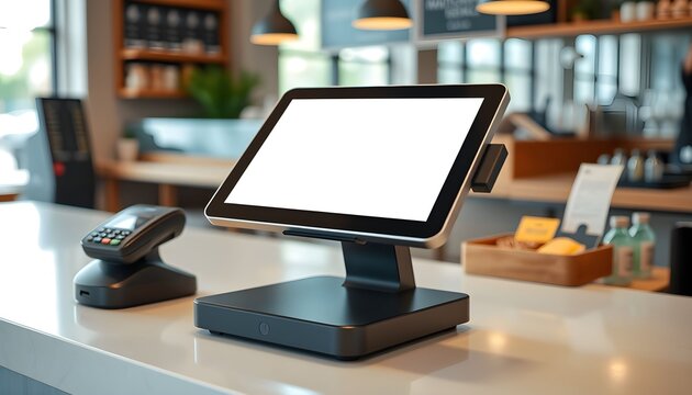 Modern POS system with blank screen sits on a cafe counter. - Powered by Adobe