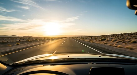 Photo of driving on a desert highway towards the sunset with a clear blue sky