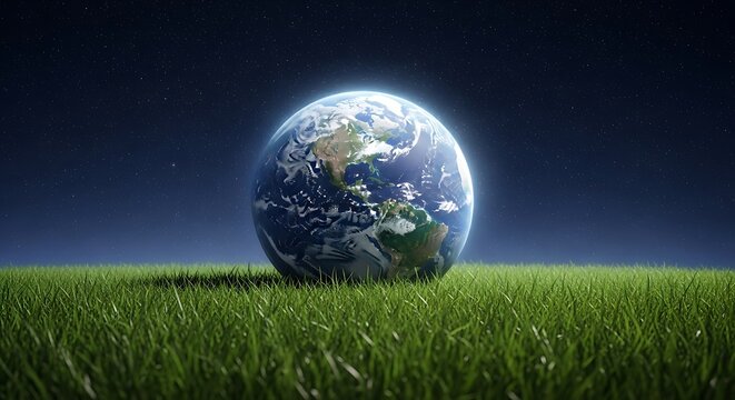 Photo of the earth sits on a grassy field under a starry night sky