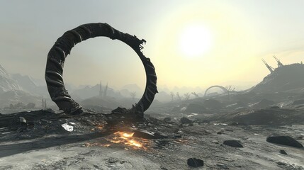 Fototapeta premium Surreal Landscape with Ancient Arch and Alien Horizon at Sunset