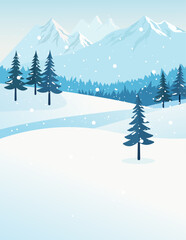 Naklejka premium Flat vector winter illustration with snowy mountains, pine trees and falling snow. Minimal and peaceful seasonal landscape. Ideal for holiday cards, web design, posters, prints, and backgrounds.