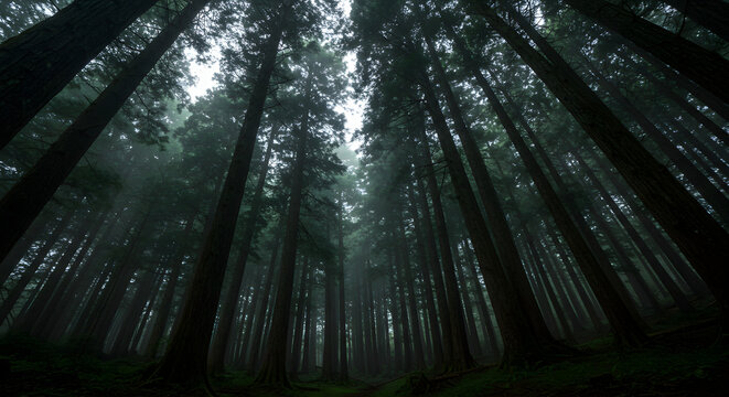 Tall, silhouetted trees converge towards a foggy, overcast sky in a dark and mysterious forest.
