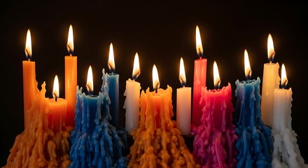 Photo of a vibrant collection of colorful candles burns brightly in the darkness