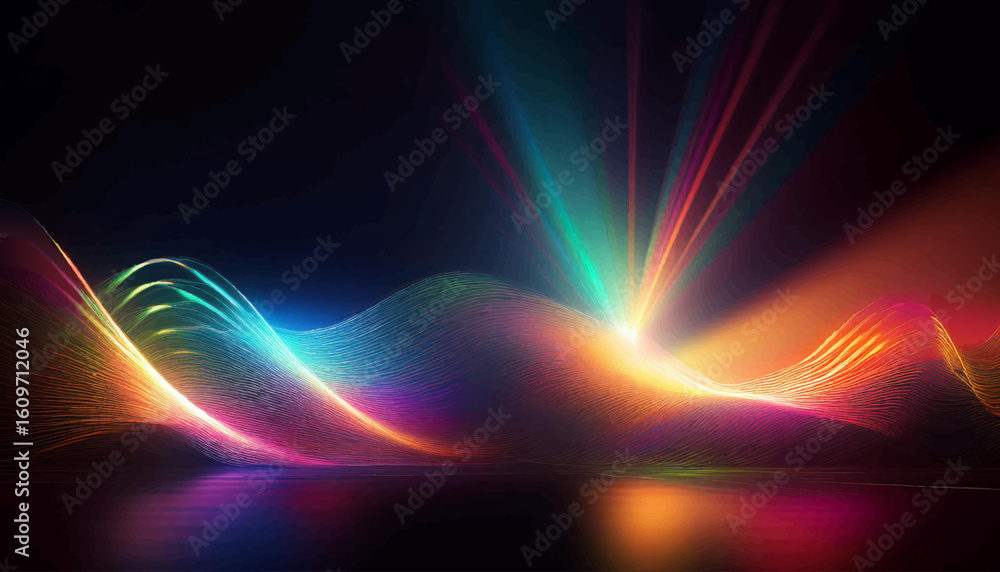 Poster abstract image of colorful light beams at a central point on a dark background. illustration of high
