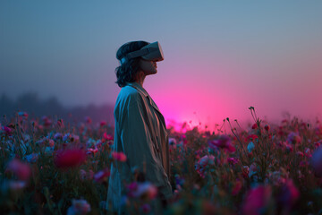 Woman wearing V R headset in a field of flowers at sunset with pink and blue lighting virtual reality