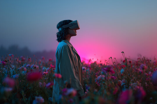Woman wearing V R headset in a field of flowers at sunset with pink and blue lighting virtual reality - Powered by Adobe