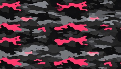 Abstract camouflage pattern with grey and black base, accented with bright pink